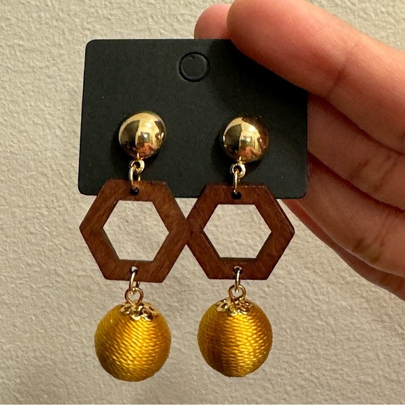 Jewelry - 🎁 Free with Purchase - Boho Mustard Yellow Ball & Wood Dangle Earrings